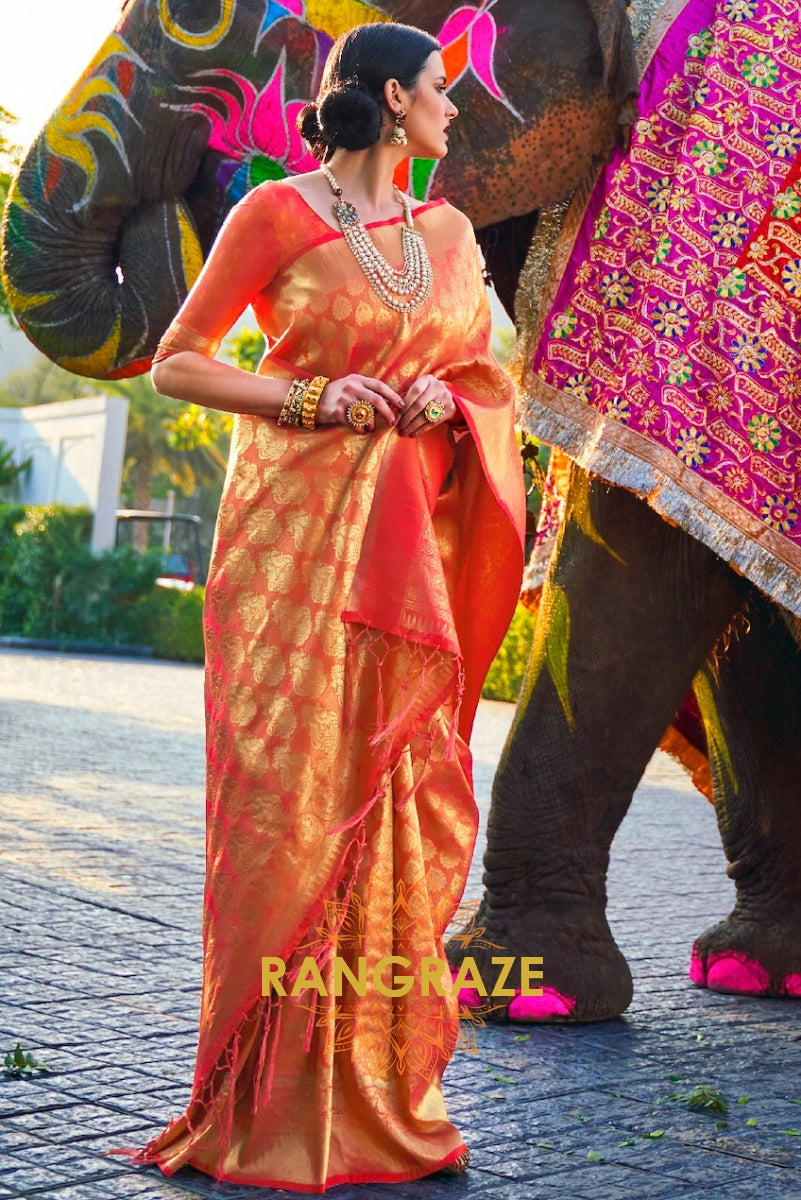 Golden Orange Woven Kanjivaram Silk Saree