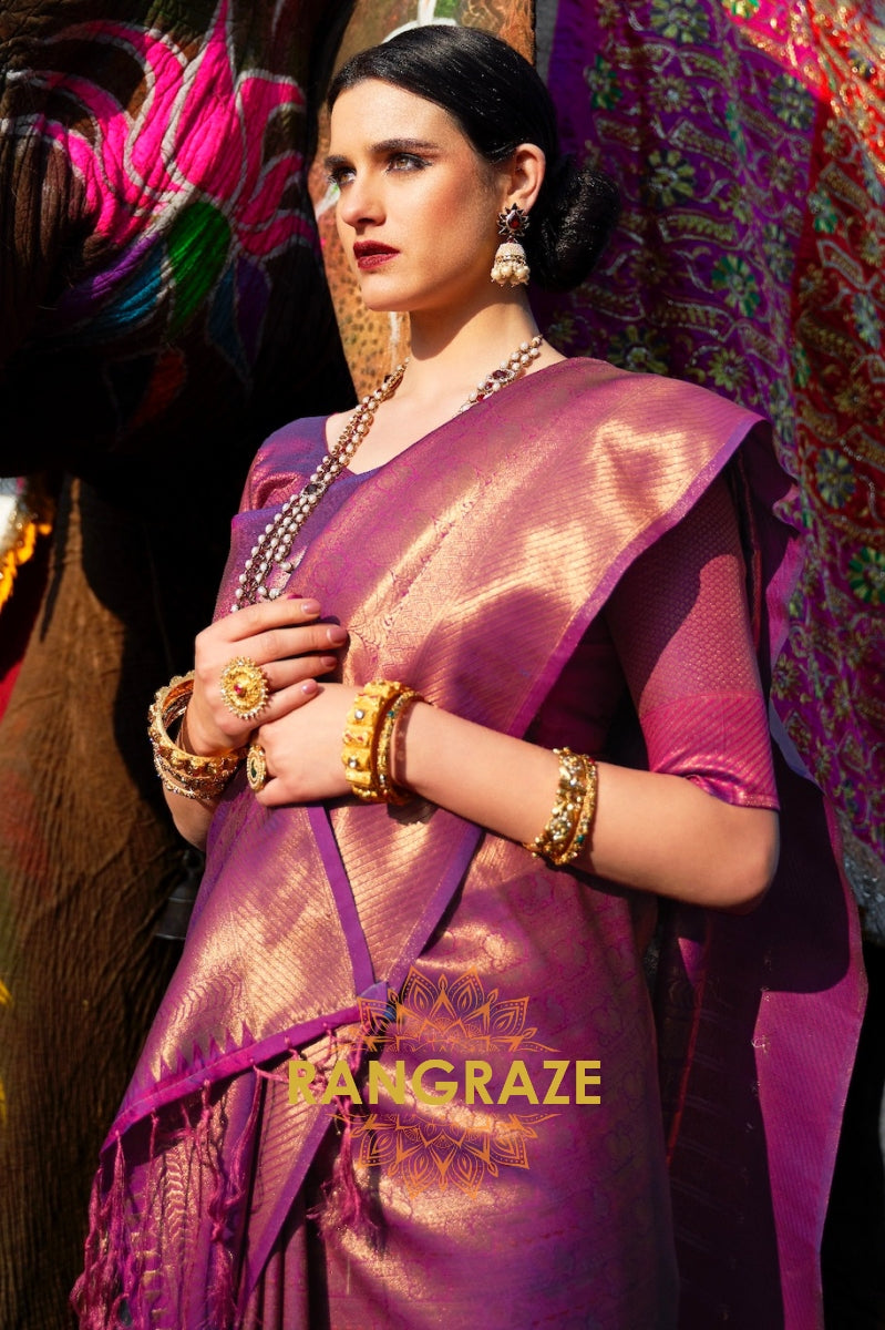 Wine And Golden Woven Kanjeevaram Silk Saree