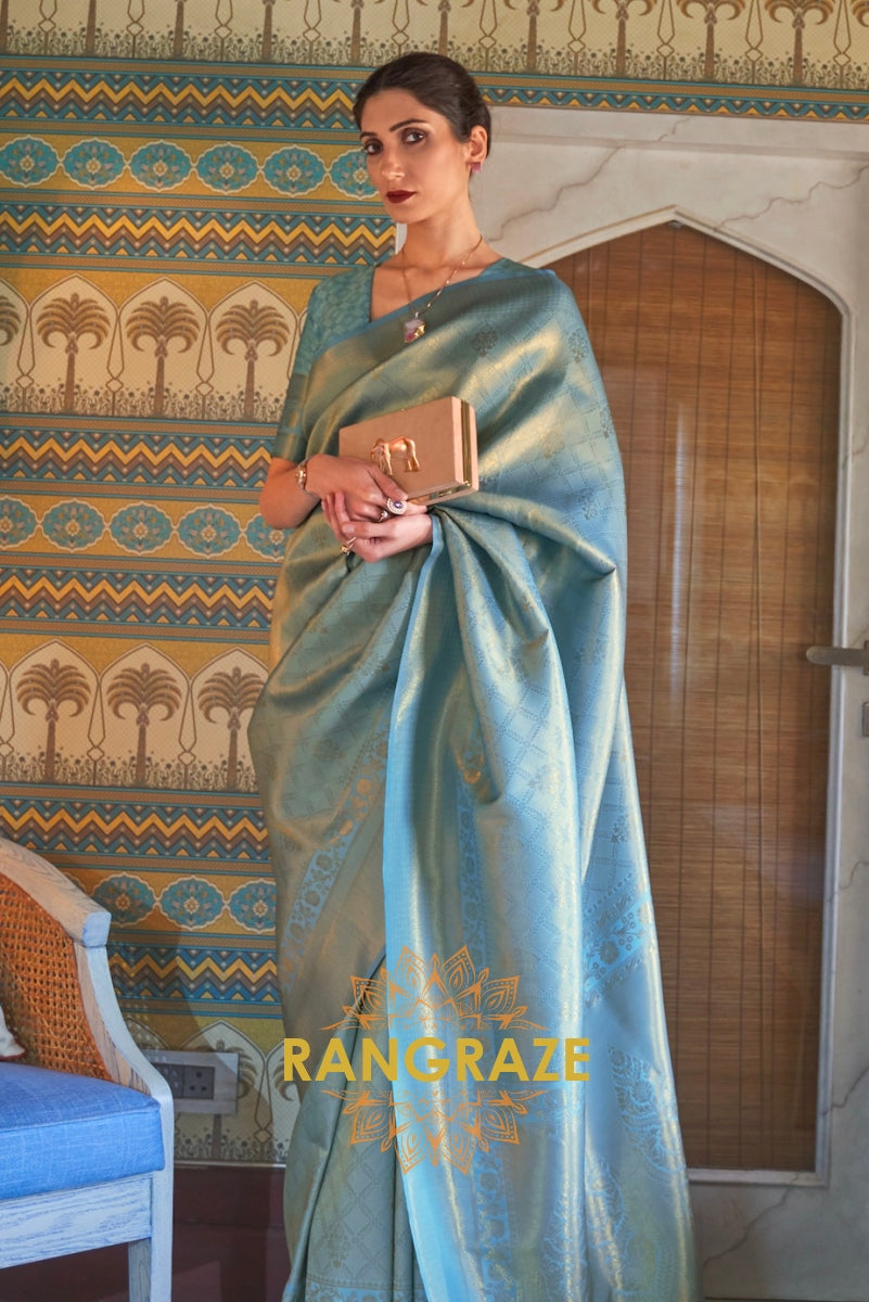 Sea Green Blue Woven Kanjivaram Silk Saree