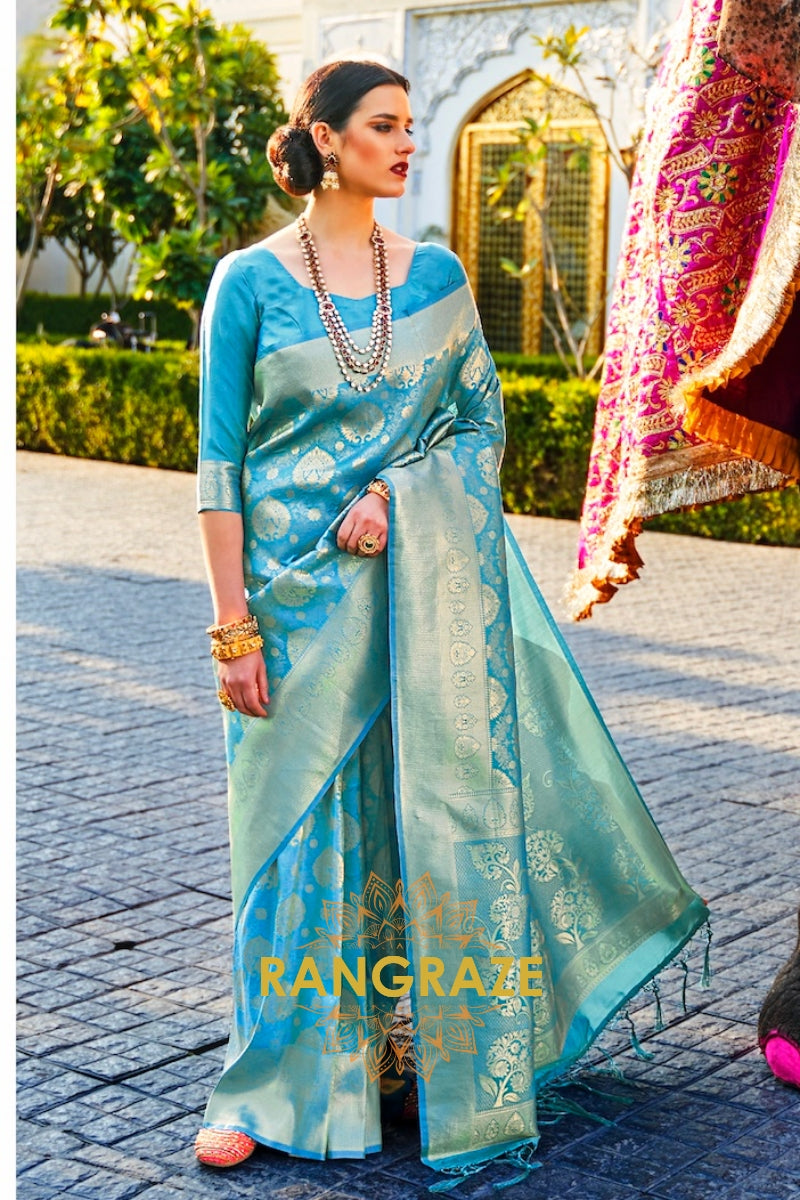 Aqua Blue And Golden Elegance Kanjivaram Silk Saree