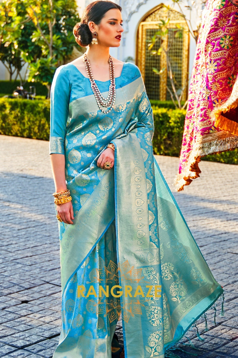 Aqua Blue And Golden Elegance Kanjivaram Silk Saree