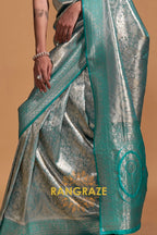 Silver Turquoise Woven Kanjivaram Silk Saree