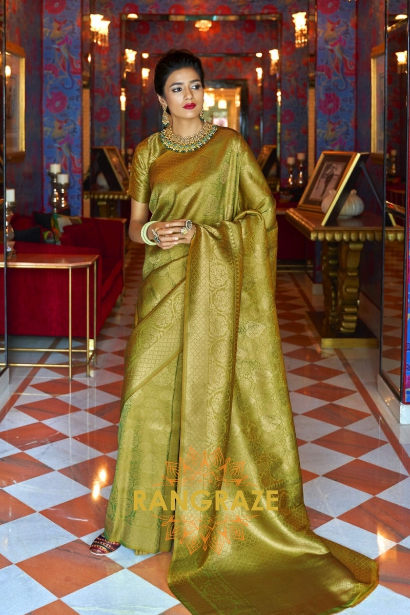 Royal Golden Olive Green Woven Kanjivaram Silk Saree