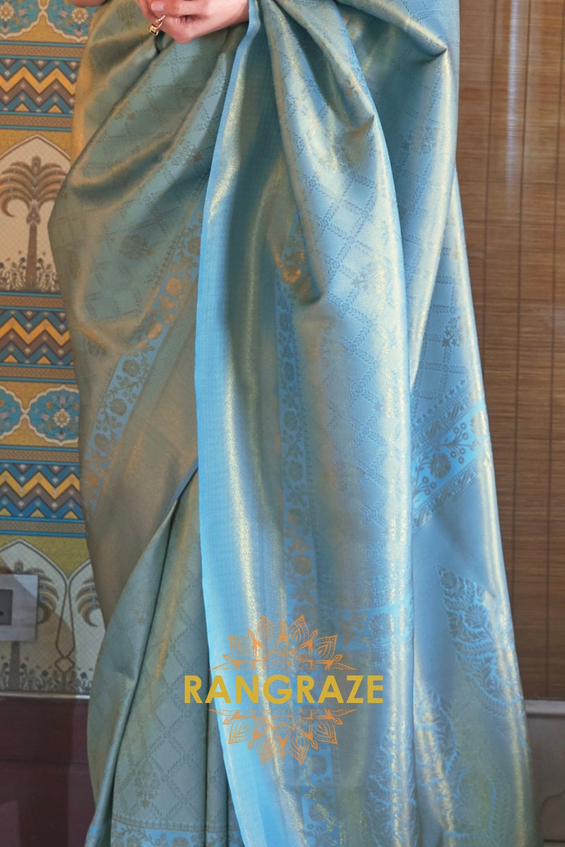 Sea Green Blue Woven Kanjivaram Silk Saree