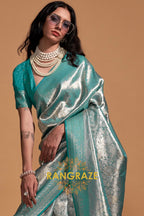 Silver Turquoise Woven Kanjivaram Silk Saree