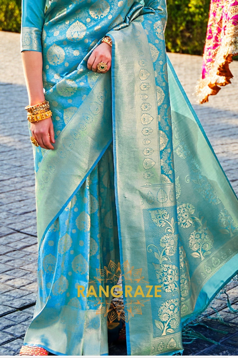 Aqua Blue And Golden Elegance Kanjivaram Silk Saree