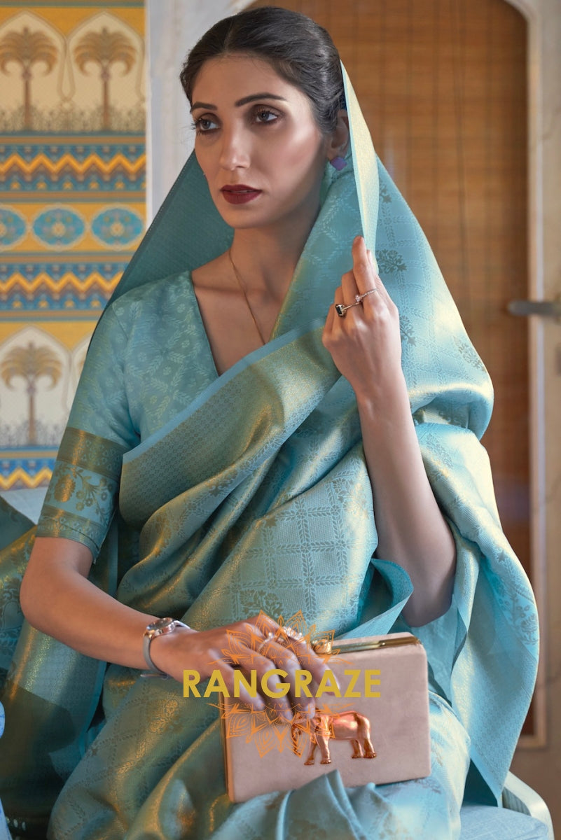 Sea Green Blue Woven Kanjivaram Silk Saree