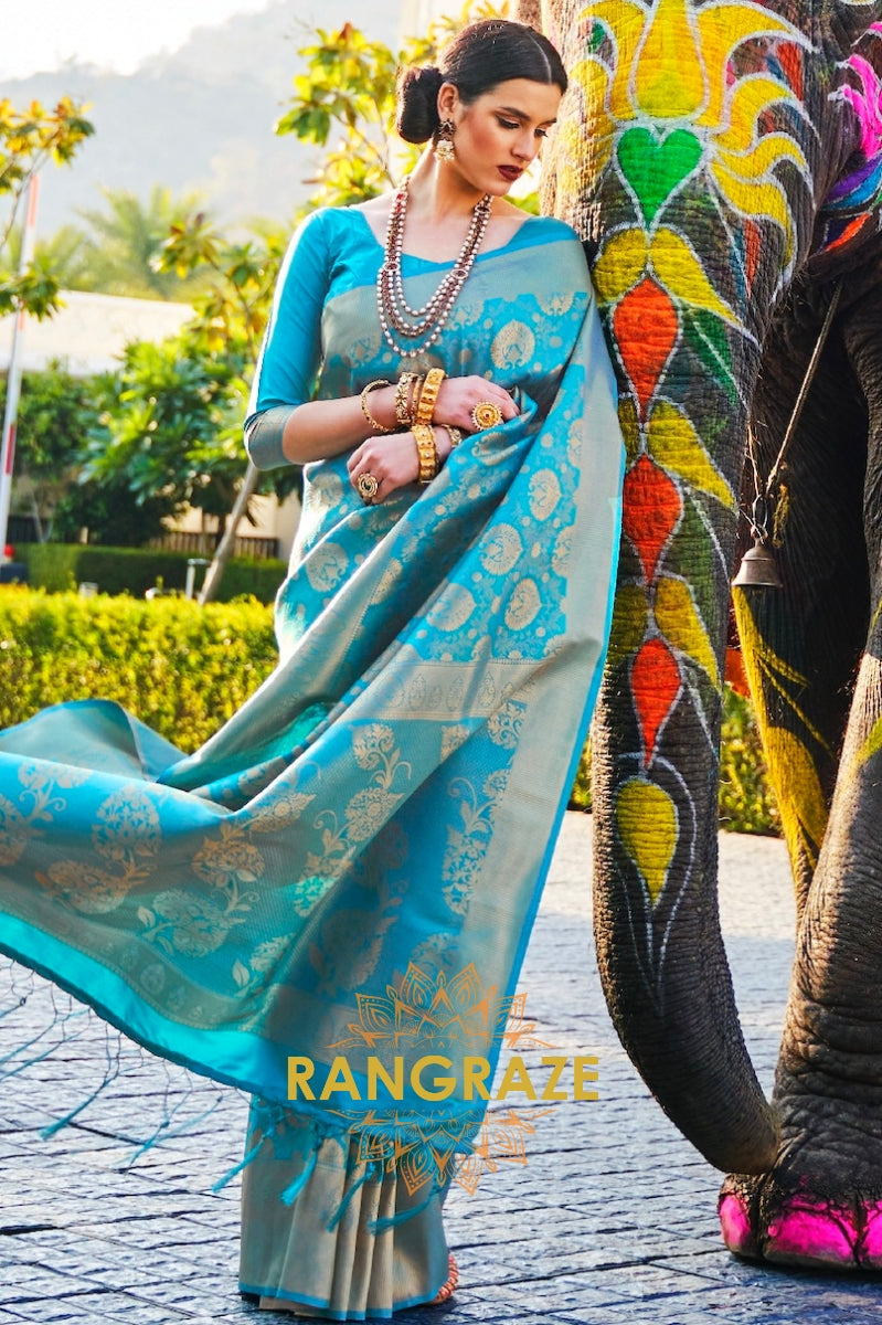 Aqua Blue And Golden Elegance Kanjivaram Silk Saree