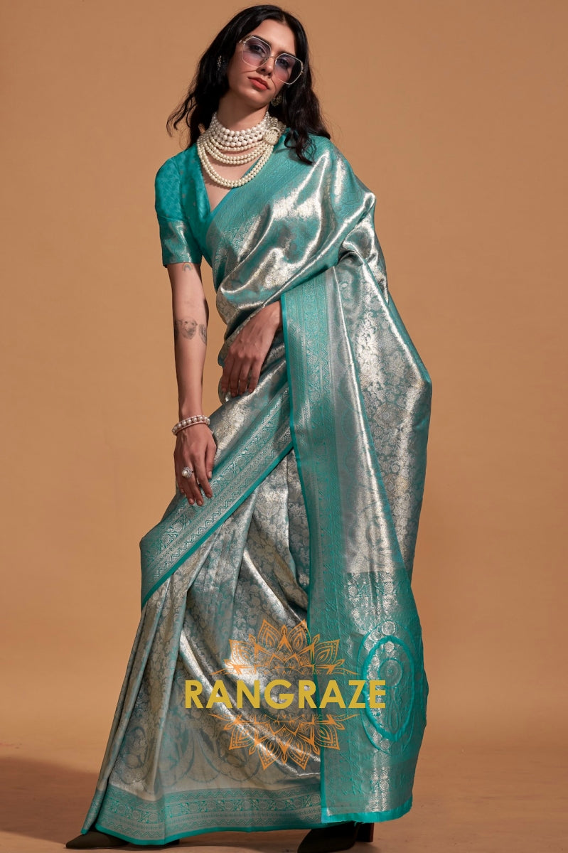 Silver Turquoise Woven Kanjivaram Silk Saree