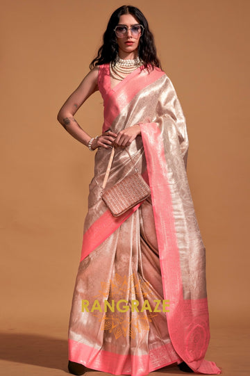 Ivory Pink Woven Kanjivaram Silk Saree