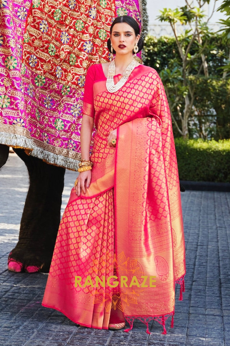 Pink And Golden Kanjivaram Silk Saree