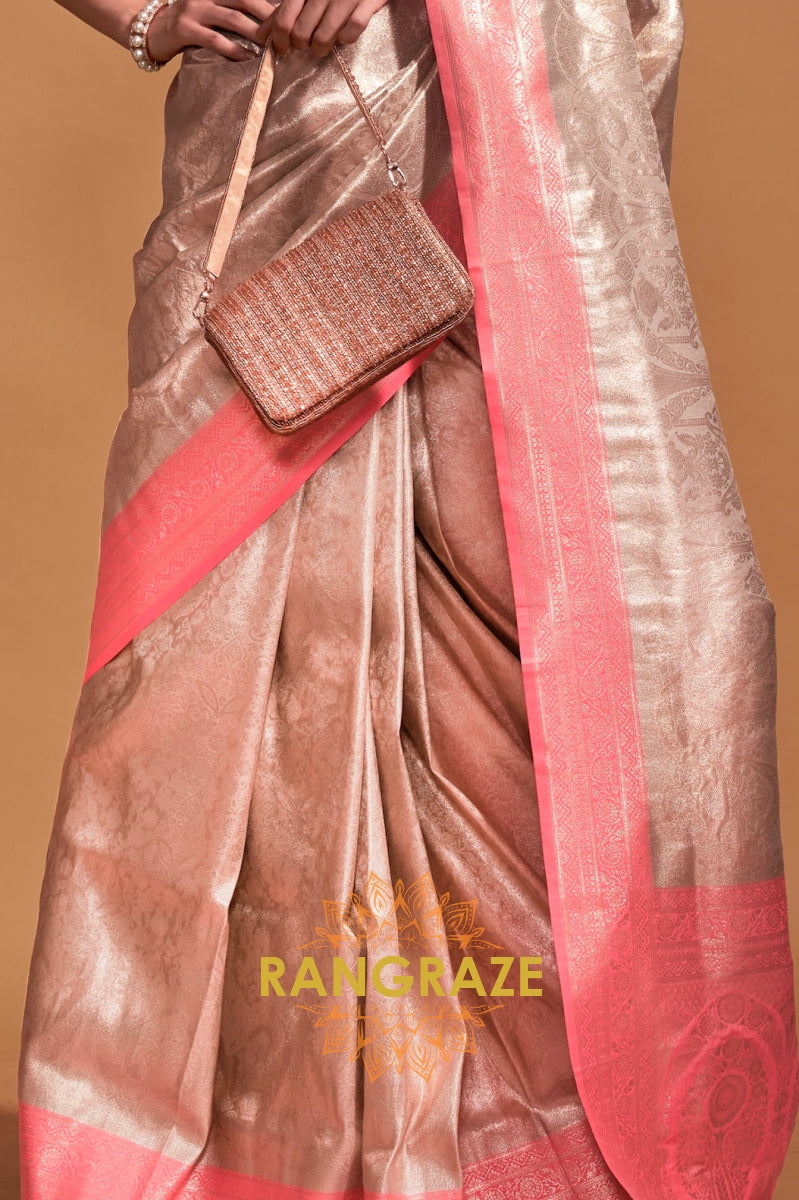 Ivory Pink Woven Kanjivaram Silk Saree