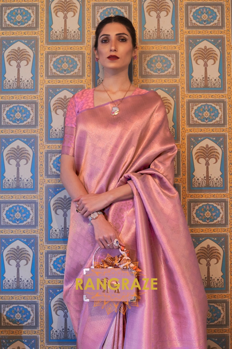 Sparkling Pink Woven Kanjivaram Silk Saree