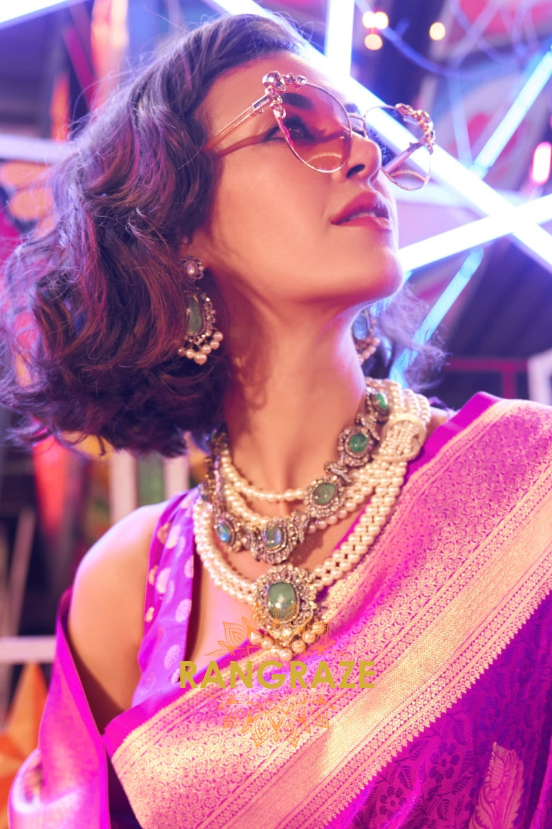 Banarasi Sparkling Purple Woven Soft Silk Saree