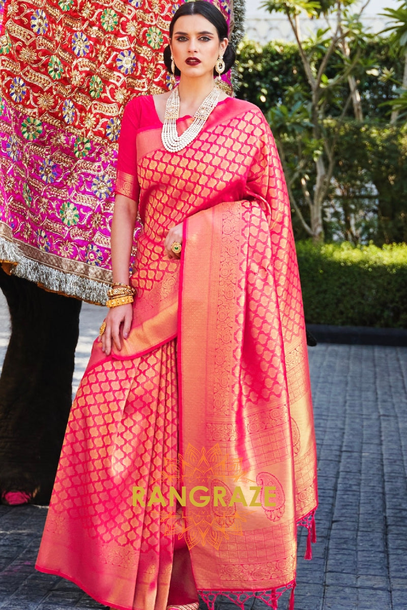 Pink And Golden Kanjivaram Silk Saree