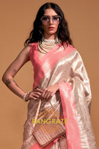 Ivory Pink Woven Kanjivaram Silk Saree