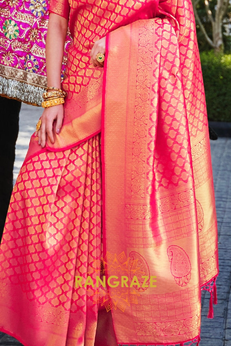 Pink And Golden Kanjivaram Silk Saree