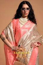 Ivory Pink Woven Kanjivaram Silk Saree