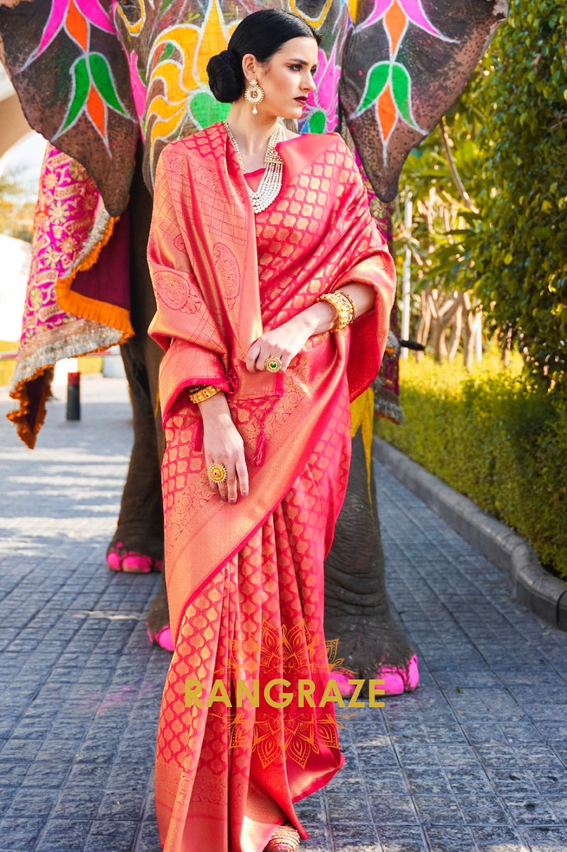 Pink And Golden Kanjivaram Silk Saree