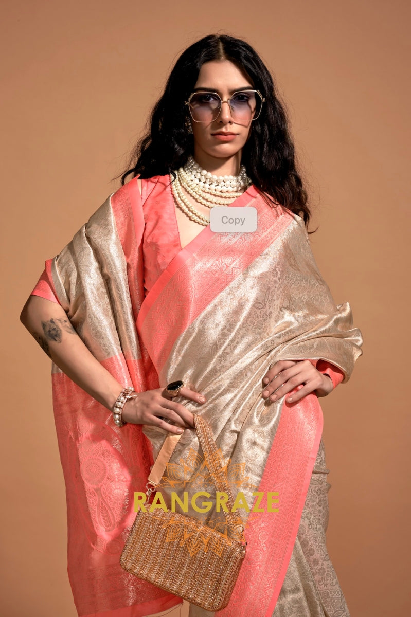 Ivory Pink Woven Kanjivaram Silk Saree