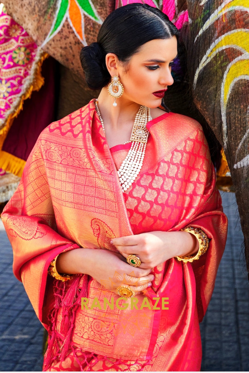 Pink And Golden Kanjivaram Silk Saree