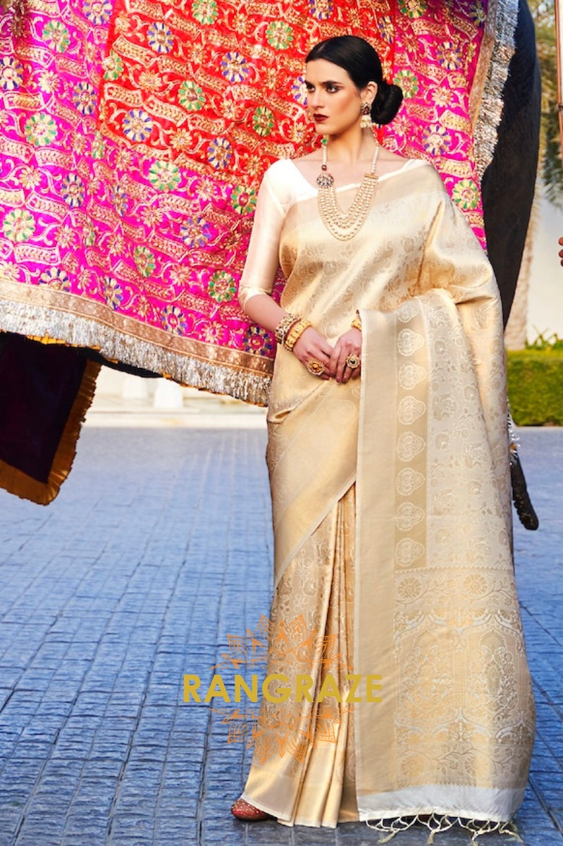 Golden Off -White Woven Kanjivaram Silk Saree