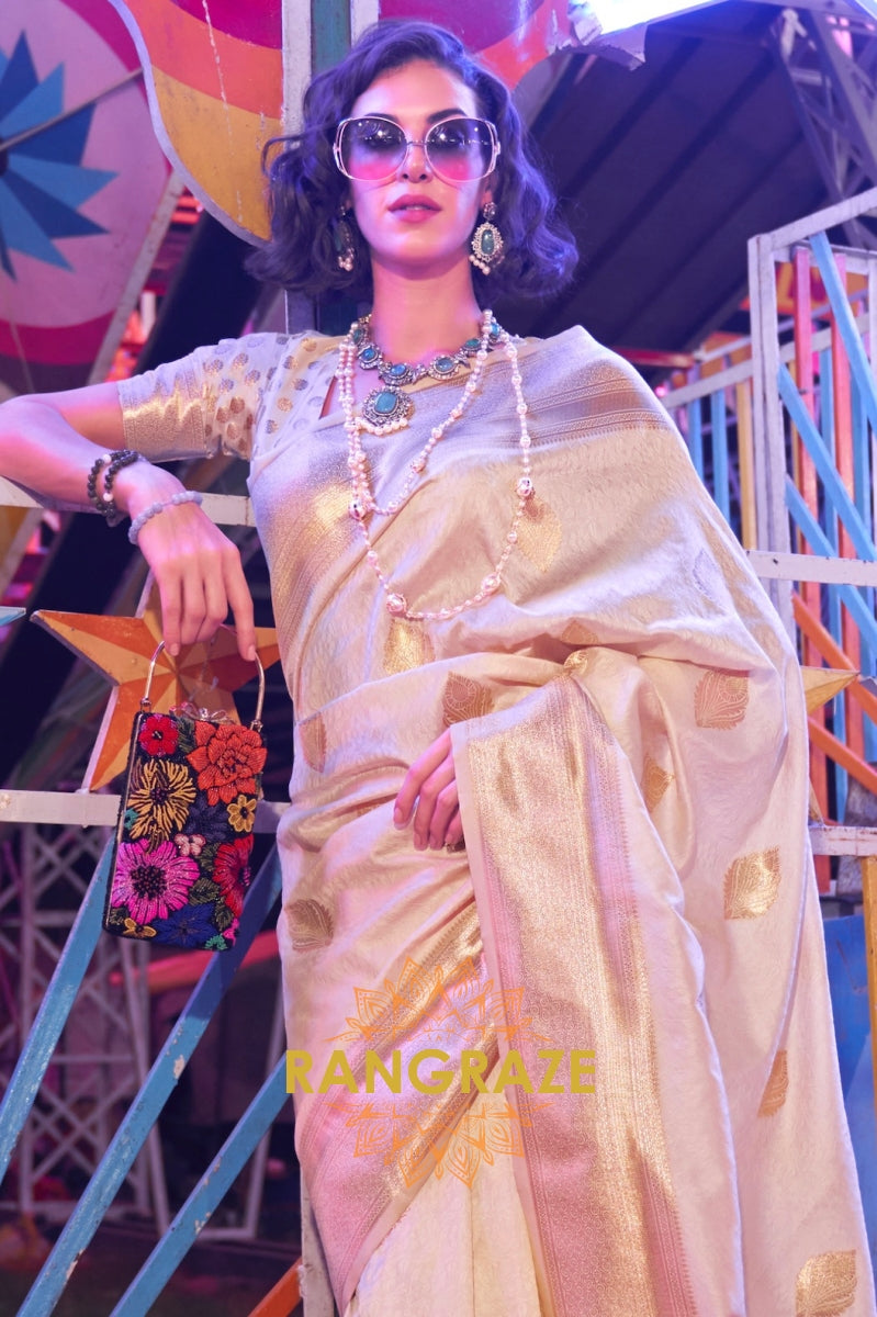 Carnival Beige Banarasi Woven Soft Silk Saree
