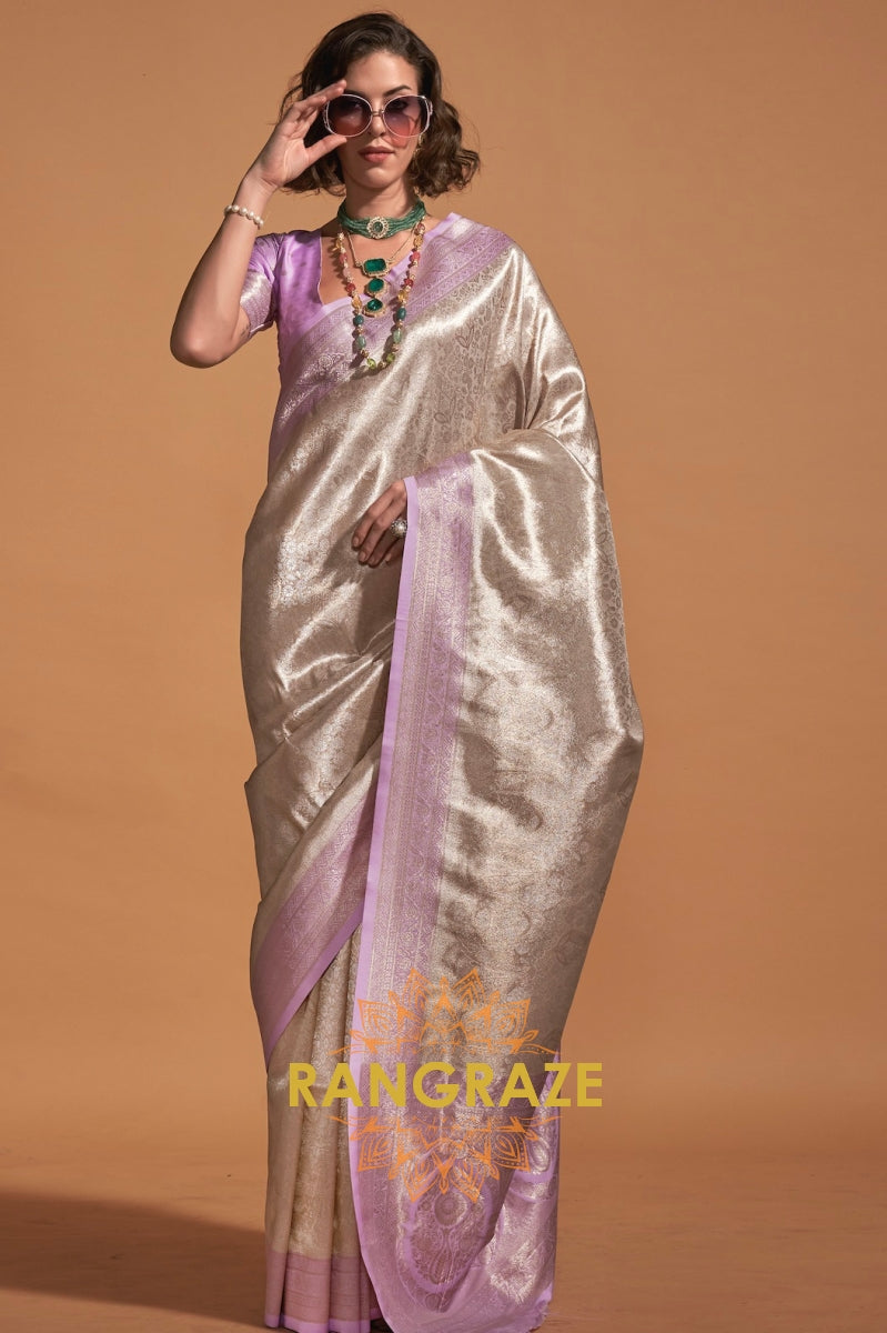 Purple Beige Woven Kanjivaram Silk Saree