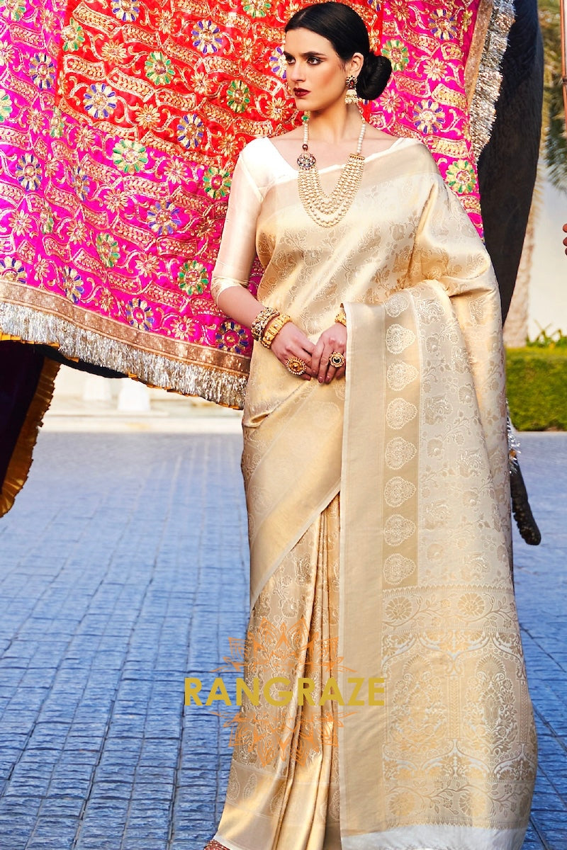 Golden Off -White Woven Kanjivaram Silk Saree