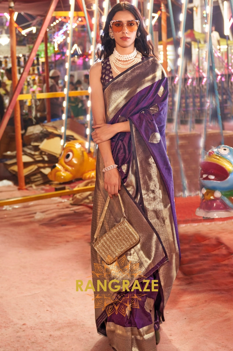 Carnival Purple Banarasi Woven Soft Silk Saree