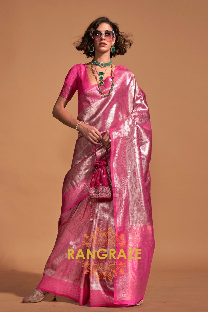 Silver Pink Woven Kanjivaram Silk Saree