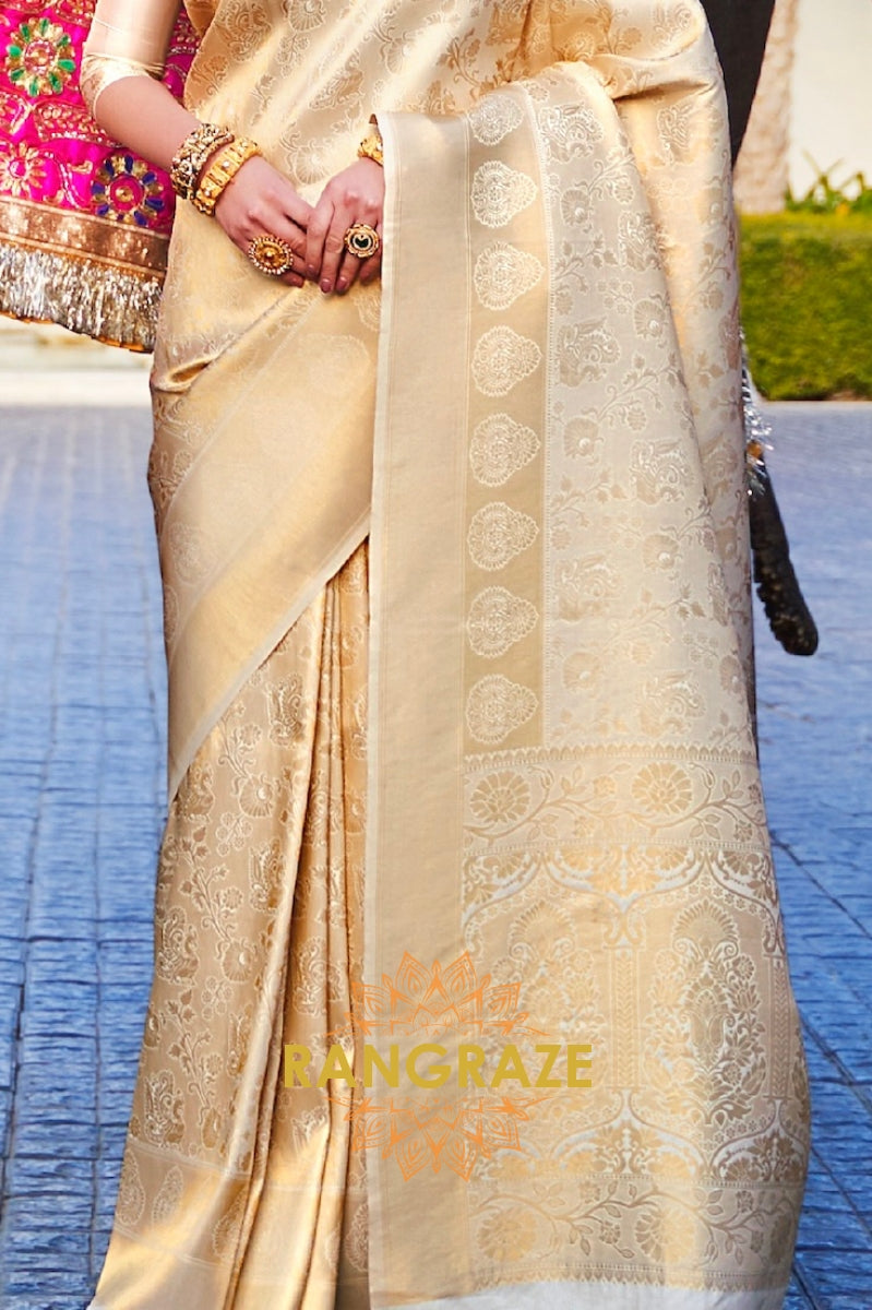Golden Off -White Woven Kanjivaram Silk Saree