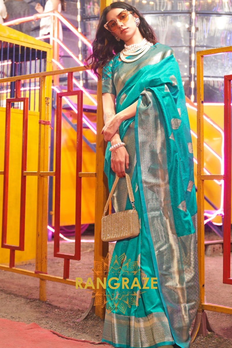 Carnival Turquoise Banarasi Woven Soft Silk Saree