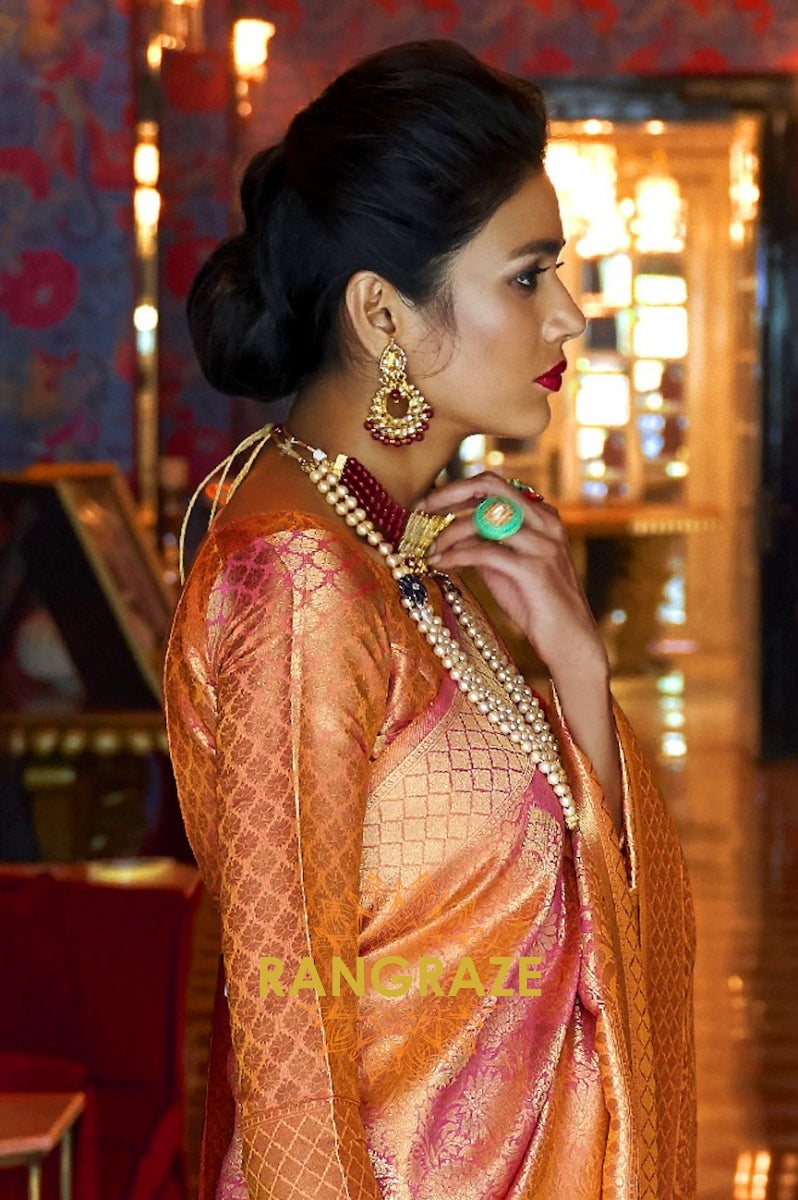 Royal Golden Peachy Orange Woven Kanjivaram Silk Saree