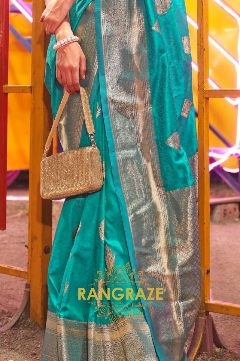 Carnival Turquoise Banarasi Woven Soft Silk Saree
