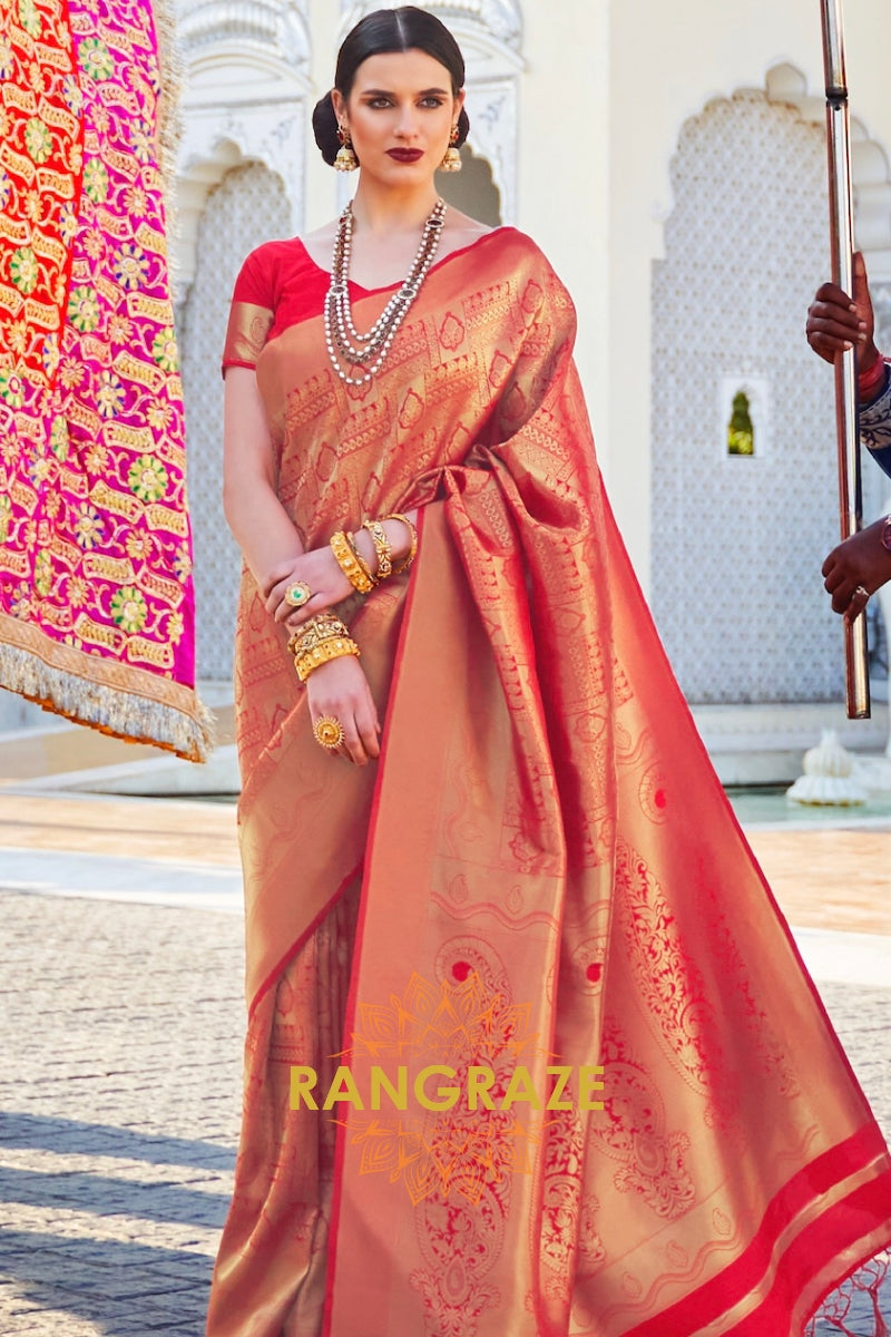 Royal Bridal Pink And Golden Kanjivaram Silk Saree