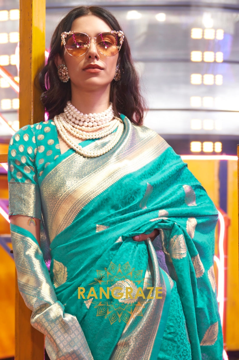 Carnival Turquoise Banarasi Woven Soft Silk Saree
