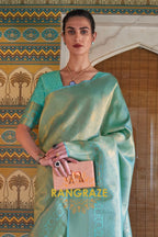 Azure Blue Green Woven Kanjivaram Silk Saree
