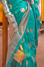 Carnival Turquoise Banarasi Woven Soft Silk Saree