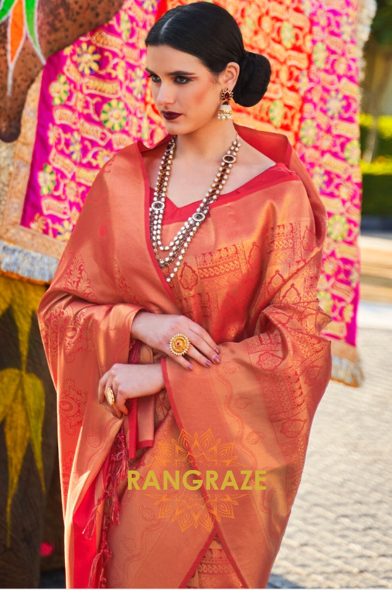 Royal Bridal Pink And Golden Kanjivaram Silk Saree