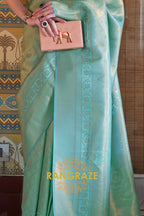Azure Blue Green Woven Kanjivaram Silk Saree