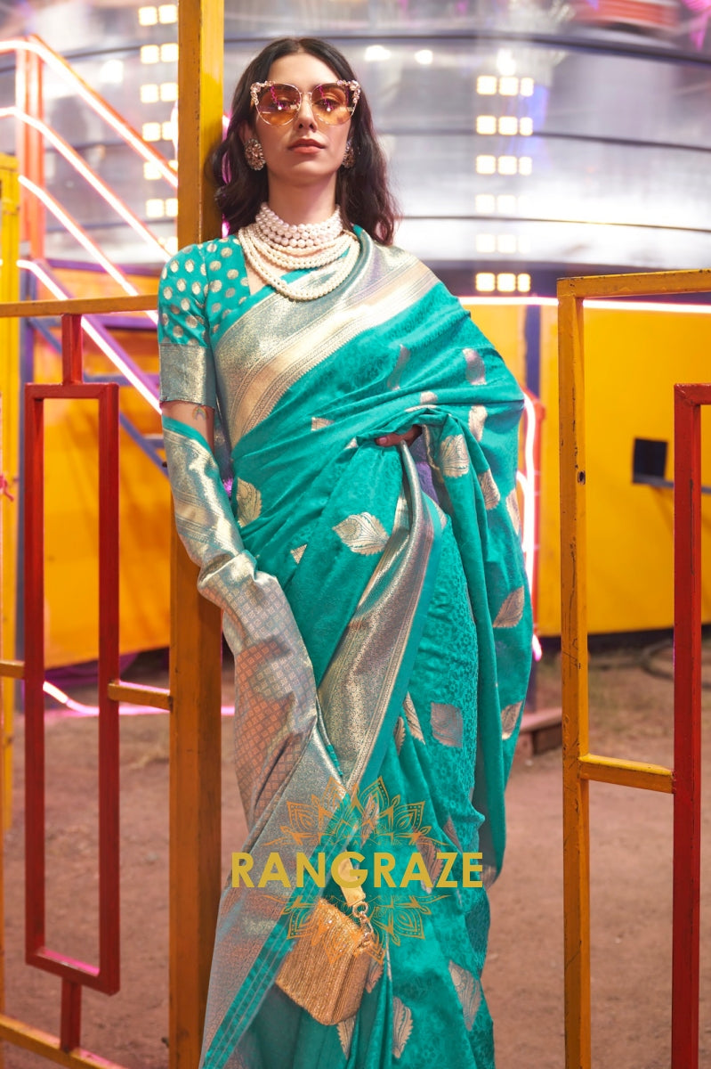 Carnival Turquoise Banarasi Woven Soft Silk Saree