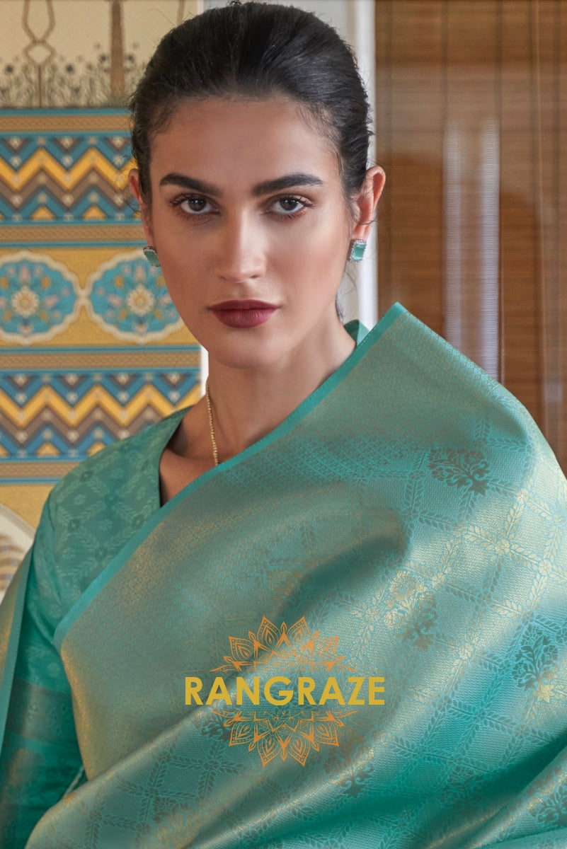 Azure Blue Green Woven Kanjivaram Silk Saree