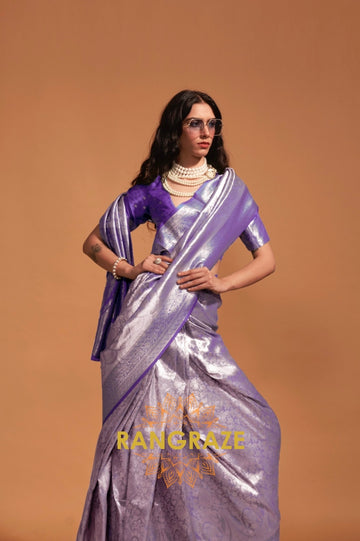 Silver Purple Woven Kanjivaram Silk Saree