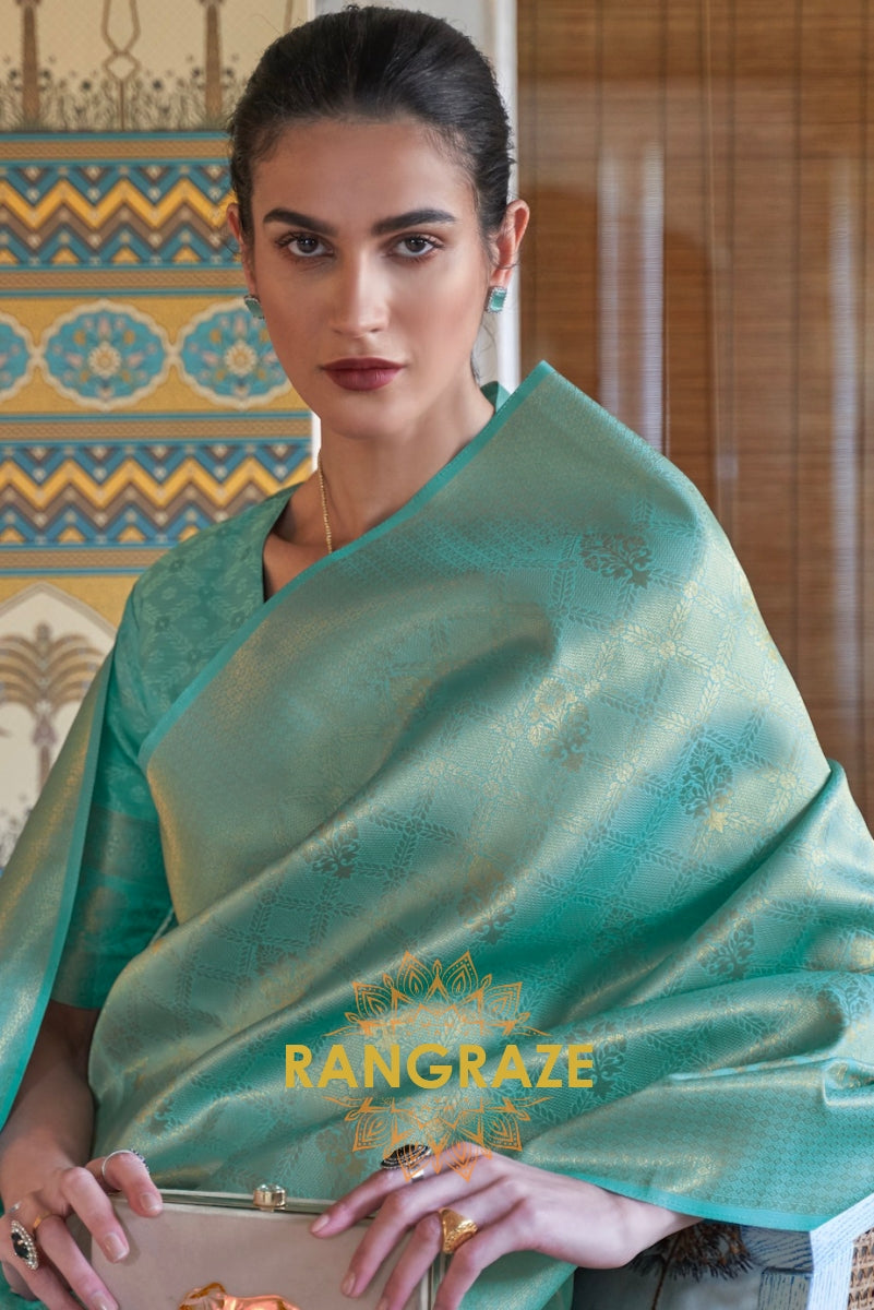 Azure Blue Green Woven Kanjivaram Silk Saree