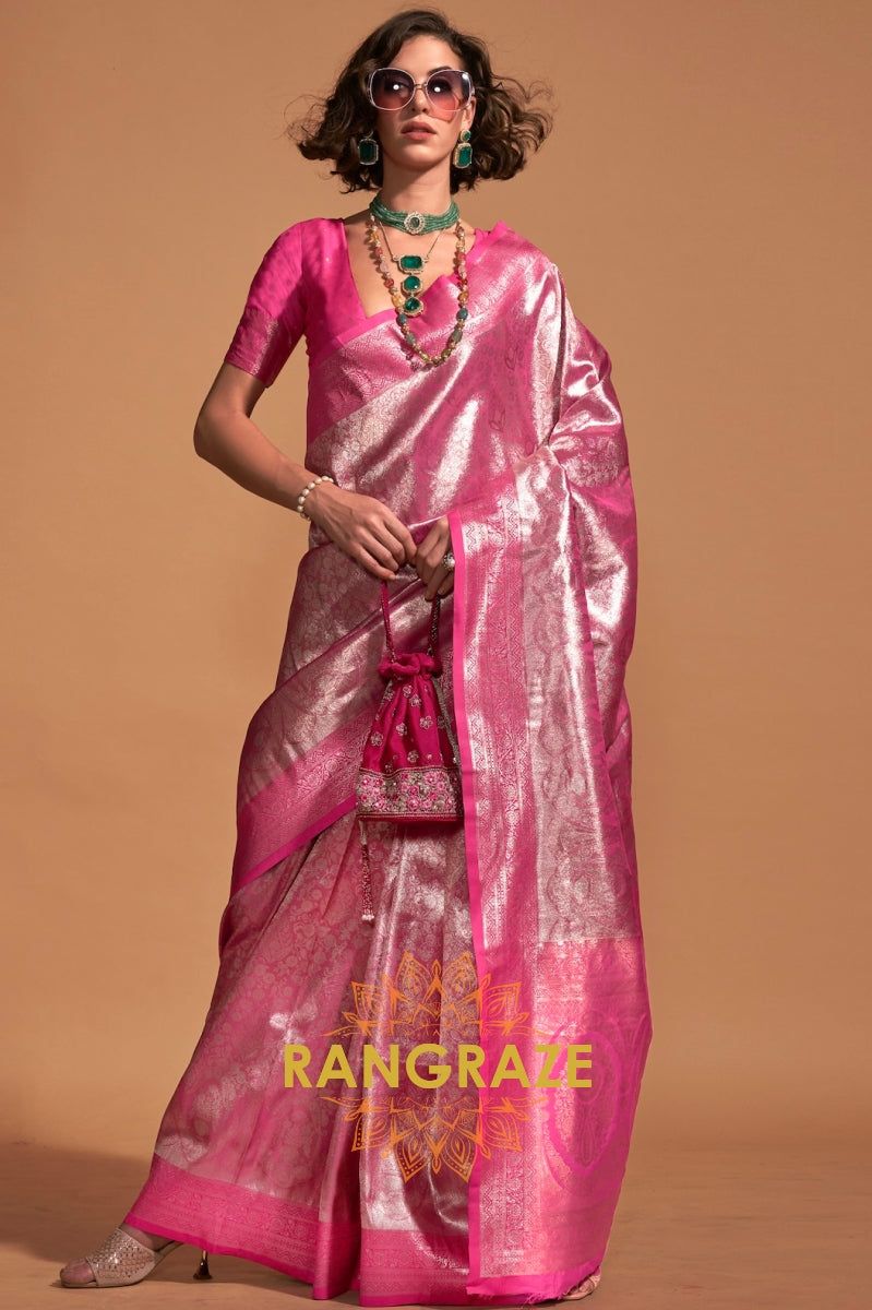 Silver Pink Woven Kanjivaram Silk Saree