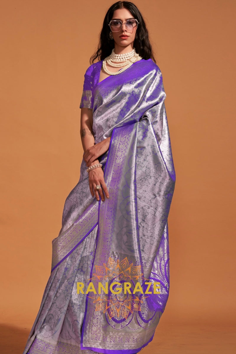 Silver Purple Woven Kanjivaram Silk Saree