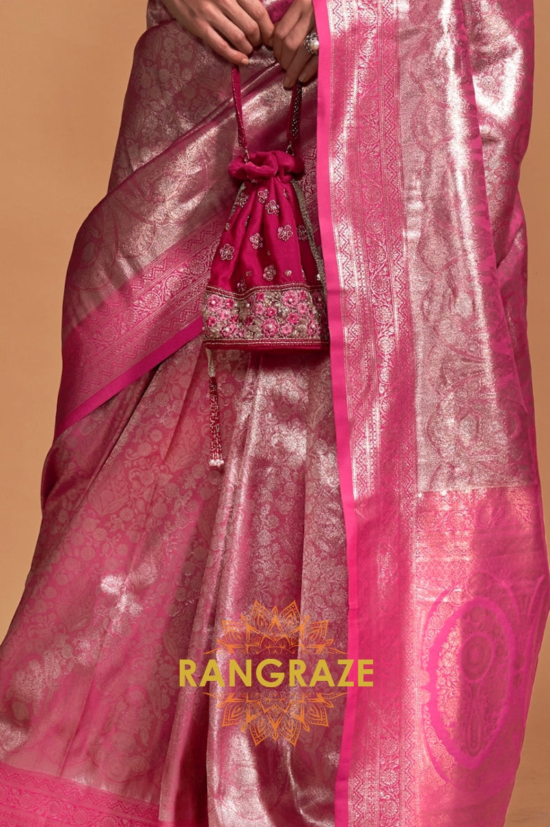 Silver Pink Woven Kanjivaram Silk Saree