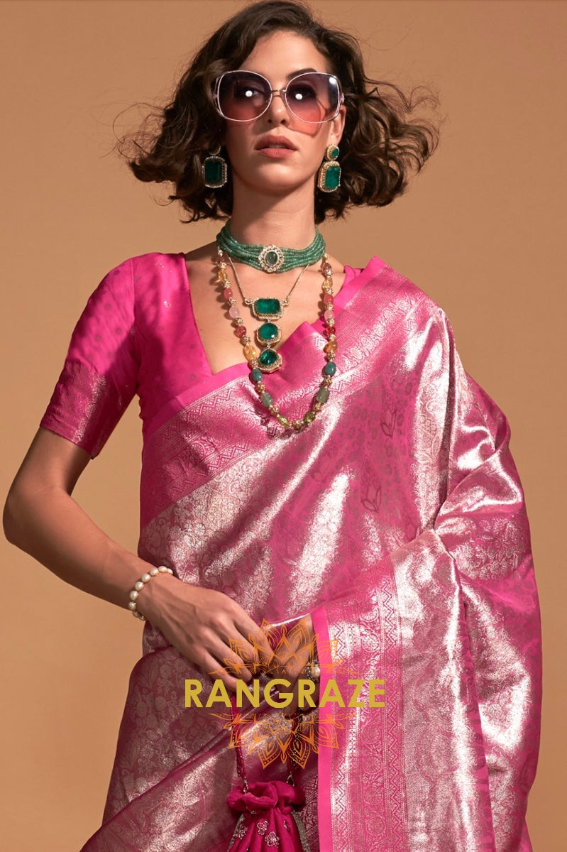 Silver Pink Woven Kanjivaram Silk Saree