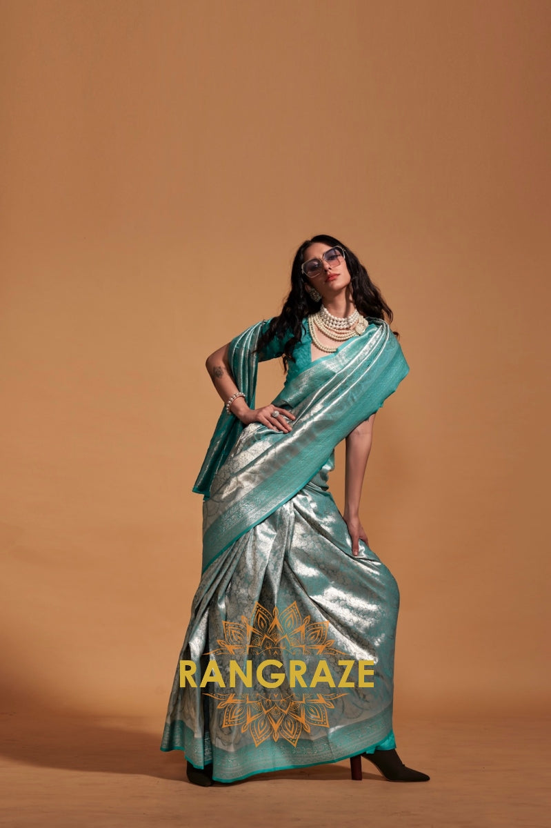 Silver Turquoise Woven Kanjivaram Silk Saree